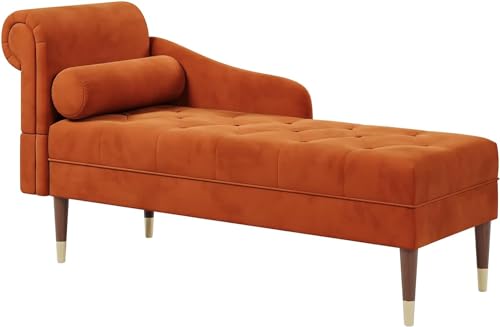 Vesgantti Chaise Longue en Tissu Velours, Fauteuil Relax Canapé avec Accoudoirs Coussin Lombaire Cylindrique pour Salon, Appartement, Petit Espace - Orange