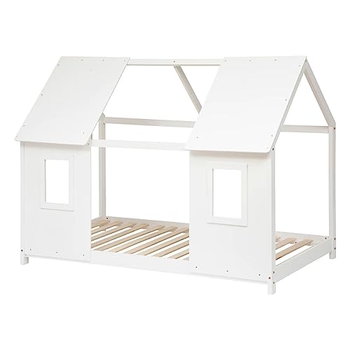 Laïba Kids Lit Cabane Enfant Fenêtre Maison du Bonheur Blanc - Bois 90x190 cm