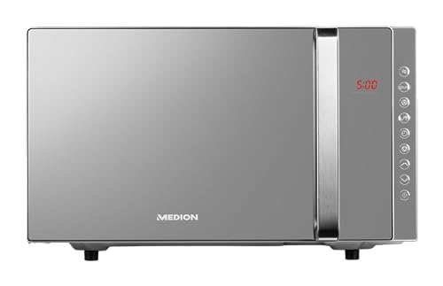 MEDION Micro-onde 3en1 avec gril et air chaud combiné (23L, 800W, 1200 W gril/air chaud, 10 programmes automatiques, 5 niveaux de puissance, mode décongeler, design miroir, MD17495) argent