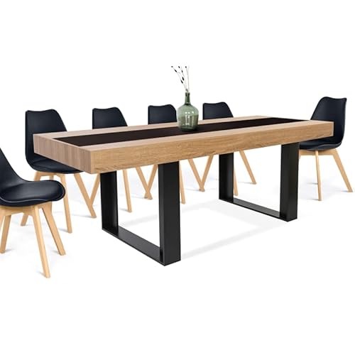 IDMarket - Table à Manger Rectangle Phoenix 10 Personnes Bois et Noir Bande Centrale Noire 200 cm