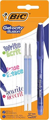 BIC Gel-ocity Illusion - Stylo Gel Effaçable Pointe Moyenne (0,7 mm) - Bleu, Blister de 1 + 2 Recharges