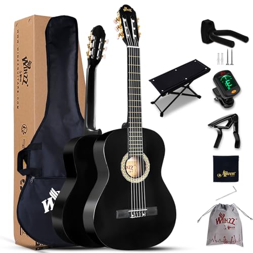 Winzz Guitare Classique Adulte Débutant avec 7 Accessoires – Pack Guitare 4/4 Cordes en Nylon - Noir Brillant 39 Pouces