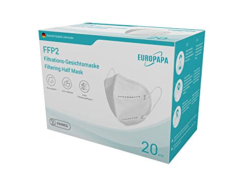 EUROPAPA 20x Respirateur FFP2 masque 5 plis CE|2163 - testé par DEKRA - emballage unique hygiénique