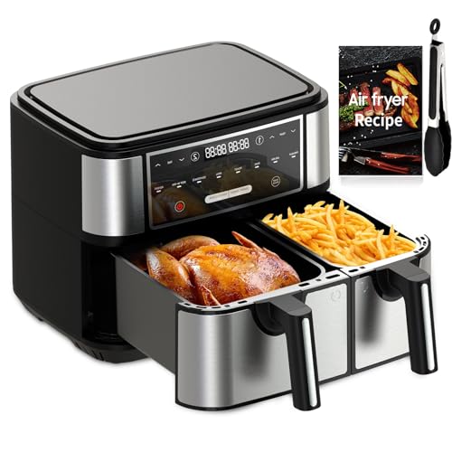 Friteuse à air 4L+6L à deux paniers pour la famille, four compact 8-en-1 avec finition intelligente, friteuse à air double zone sans huile avec livre de recettes Air fryer