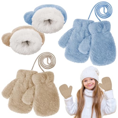 Yimomoyi Moufles Enfant 2 Paires Gants d'Hiver Gants Enfant, Gants d'Enfants, 3 à 7ans Enfants Thermique Mitaines avec Corde, Moufle Epais Enfant Gants Cadeau de Noël (Kaki + Bleu)