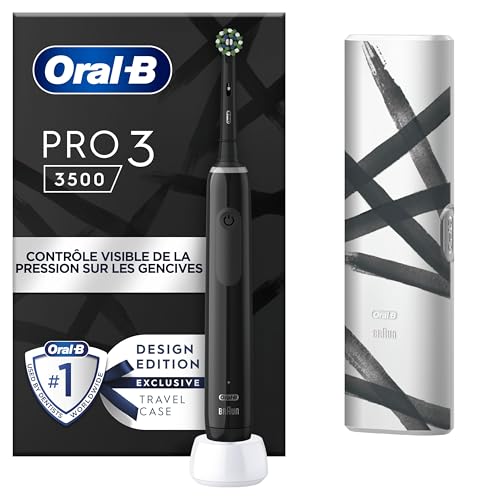 Oral-B Pro 3500 Brosse À Dents Électrique Noire, Avec Un Capteur De Pression Pour Protéger Les Gencives Sensibles, Avec Des Accessoires, 1 Brossette Ronde, 1 Étui De Voyage, Conçue par Braun