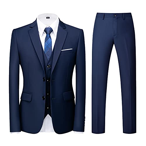 KUDORO Costume Homme 3 pièces Mariage Business Slim Fit Smoking Simple Poitrine à Deux Boutons, Men Suits 3 Piece Bleu pour Fête Confort Blazer Veste et Pantalon Gilet(Bleu,L)