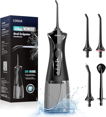 COSLUS Hydropulseur jet Dentaire Portable: 4 Modes Hydropulseur et Irrigateurs Oral, Réservoir d'eau 300 ml Hydropulseur Vainqueur du Test, Rechargeable et Étanche IPX7, Noir