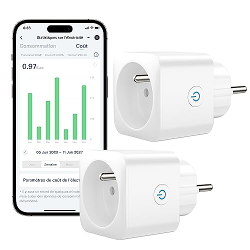 EIGHTREE Prise Connectée WiFi, Prise Alexa Programmable, Compatible avec Alexa/Google Home, Smart Life APP, Suivi de Consommation, Contrôler le ventilateur/climatiseur, 2,4 GHz Wi-Fi, 16A 3680W, 2PCS