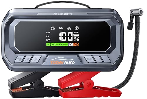 Booster Batterie Voiture avec Compresseur 6000A 160PSI YaberAuto Booster Batterie Moto avec 65W Charge Rapide (Tous Gaz/12,0L Diesel),Démarreur avec Gonfleur,Câble Rallongé,Grand Écran et Lumière LED