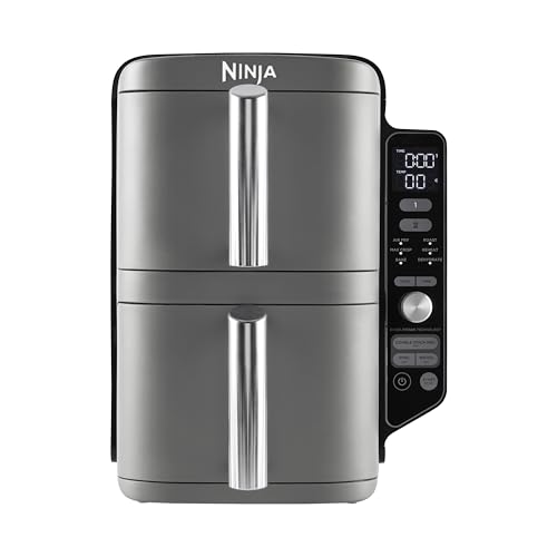 Ninja Double Stack XL Friteuse sans huile, friteuse verticale à 2 tiroirs, 4 niveaux cuisson, 2 tiroirs et 2 grilles, design compact, capacité de 9,5L, 6 fonctions de cuisson, 8 portions, gris SL400EU