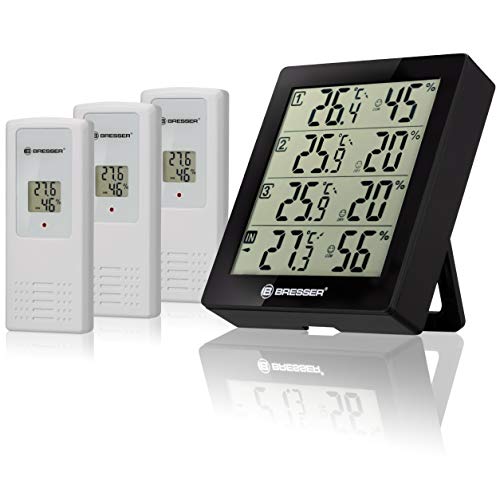 Bresser Temeo Hygro Quadro Station Météo Sans Fil Thermo-hygrométrique, 3 Capteurs Ext De Mesure De La Température + L’humidité De L’air En 4 Lieux, Noir, 10,4 x 2,5 x 12 cm