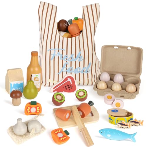 Jouets en Bois Fruits et Légumes à Découper, Enfant Dinette Nourriture Accessoire Ustensile, Jeux de Cuisine Enfants Plus de 3 Ans avec Bois Panier, Cadeau Anniversaire Pâques Halloween Noël