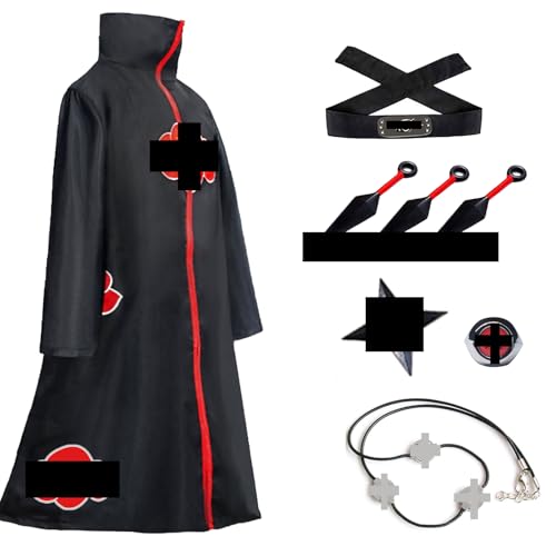 Formemory Akatsuki Cosplay Costume Enfant Adulte Déguisement Itachi Robe Longue Akatsuki Bague Bandeau Collier Anime Accessoires Carnaval Noël Costume (XL, Black Robe)