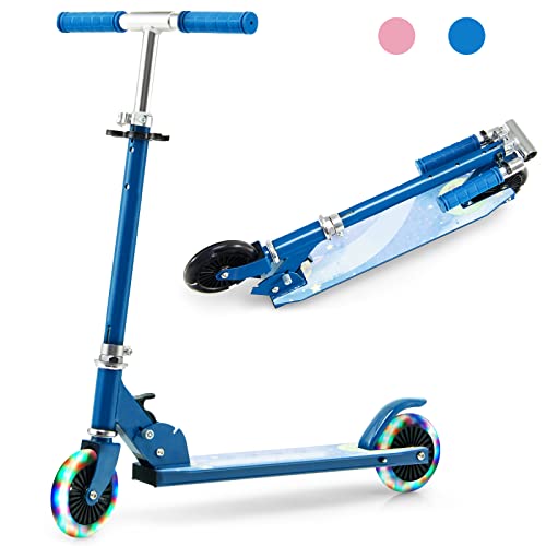 GOPLUS Trottinette pour Enfants Pliable avec 2 Roues Lumineuses, Guidon Réglable Alu 3 Hauteurs, Système de Freinage Arrière, pour Garçons et Filles à partir de 3 Ans Jusqu’à 50 kg, Bleu