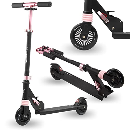 HyperMotion Trottinette Enfant 4, 5, 6, 7, 8, 9 Ans, Pliable, Scooter Wally, 2 Roues avec Amortisseur, Guidon Réglable, Roues en Caoutchouc de 125 mm, Noir et Rose