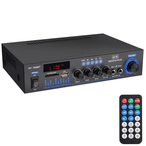 LiNKFOR Amplificateur Bluetooth 5.0 Audio Ampli Stéréo Audio 2.0 CH 50W + 50W avec 2 Entrées RCA Radio FM MP3 USB SD Affichage LED Télécommande Réglage de Réverbération Micropour Karaoké Home Cinéma