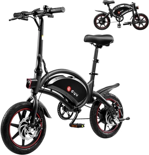 DYU Vélo Électrique Pliable,14 Pouces Vélo Électrique Portable,Smart E-Bike, Pédalage Assisté, Hauteur Réglable, Portable Compact, Adulte Unisexe (Noir, D3F 10AH)