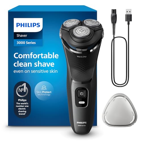 Philips Electric Shaver Series 3000 - Rasoir électrique Wet & Dry pour hommes avec technologie SkinProtect, couleur Lune foncée, tondeuse à barbe rétractable, Rasoir sans fil (modèle S3145/00)