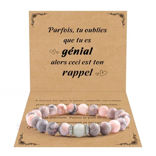 CheersLife Cadeau pour Femme Bracelet Pierres Naturelles Femme Original Cadeau Ado Fille Cadeaux Noel Femme Cadeau Anniversaire Bracelet Cadeau pour Mamie Maman Sœur Amie Collègues Rose