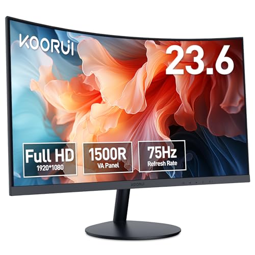 KOORUI Écran PC Incurvé - Dalle VA 23.6 Pouces, FHD (1920 x 1080), 1500R, 75Hz, 5ms, HDMI, VGA, Réglage de l’Inclinaison, Angle de Vision de 178°, Noir,