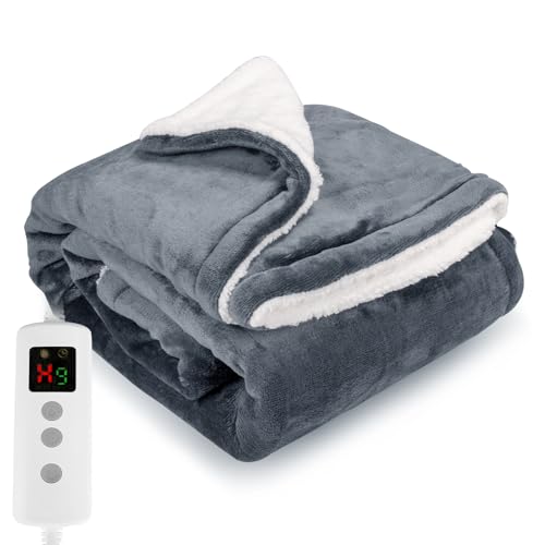 Couverture Chauffante Plaid Chauffant 180x130 CM, Double Flanelle Polaire Sherpa Lavable en Machine, Minuterie 9h et 10 Réglages de Chaleur, Couverture Chauffante 2 Places pour Canapé-Lit De