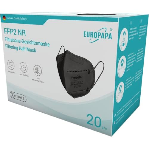 EUROPAPA Lot de 20 masques respiratoires FFP2 noirs 5 couches de protection anti-poussière emballés individuellement - Certifiés EN149:2001+A1:2009 - EU2016/425