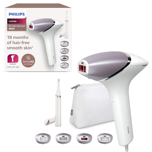 Philips Lumea série 8000, Épilateur à lumière pulsée, alternative à l'épilation laser, technologie SenseIQ, 4 accessoires pour corps, visage, maillot, aisselles, tondeuse-stylo compact, BRI949/00