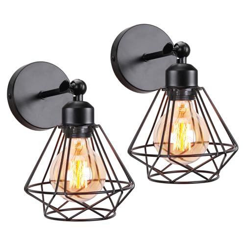 iDEGU Lot de 2 Applique Murale Intérieure Design Cage en Métal 16CM Lampe Murale Industrielle Ajustable Plafonnier Luminaire Murale Applique Vintage pour Chambre Couloir Salon Cuisine (Style-C, Noir)