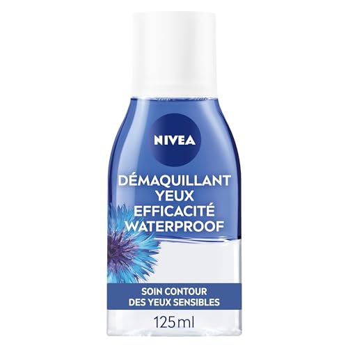 NIVEA Démaquillant Yeux Double Action au Bleuet (1 x 125 ml), nettoyant visage enrichi en eau purifiée, soin visage femme pour tous types de peaux, format voyage