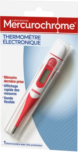 MERCUROCHROME - Thermomètre Electronique - Facile et Rapide à utiliser - Sonde Flexible - Mémoire dernière prise - Etui Protecteur et Pile Fournis - 1 unité