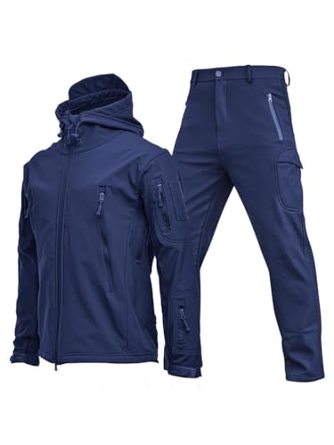 Oanviso Homme Tactique de Costume Vêtements 2 Pièces Manteau avec Capuche Impermeable Veste de Pluie Hiver Casual Uniforme Militaire Tenue de Combat Cargo Pantalon C Bleu Foncé M