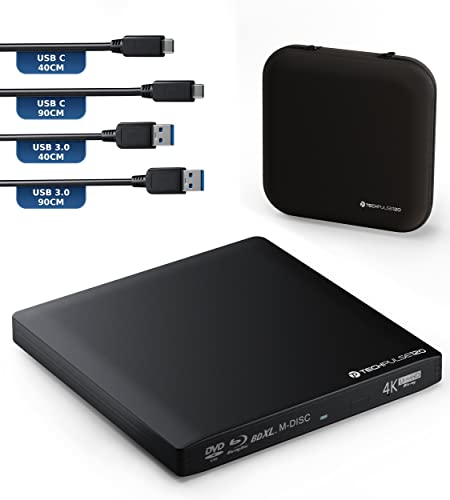 techPulse120 Externe USB 3.1 USB-C Lecteur Graveur UHD 4k 3D M-Disc Blu-Ray DVD CD BDXL HDR10 128GB Superdrive Windows macOS Deluxe Aluminium Noir
