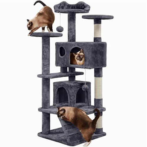 Yaheetech Arbre à Chat avec 2 Niches 3 Plateformes 2 Boules en Sisal Arbre à Grimper Multi-Niveaux Hauteur 137cm Idéal pour 3-4 Chats Gris Foncé