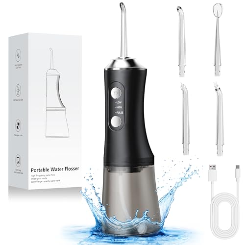 Vexloria Jet Dentaire Hydropulseur Portable 300 ML Water Flosser, Hydropulseur Dentaire Avec 3 Modes de Pression d'eau et 4 Embouts Remplaçables, Irrigateur Dentaire USB Rechargeable et Étanche IPX7