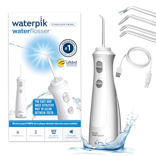 Waterpik Pearl - Hydropulseur Dentaire Sans Fil, Jet Dentaire Portable Rechargeable, Format Voyage Facile à Transporter, Élimine la Plaque, 2 Niveaux de Pression, Blanc (WF-13)