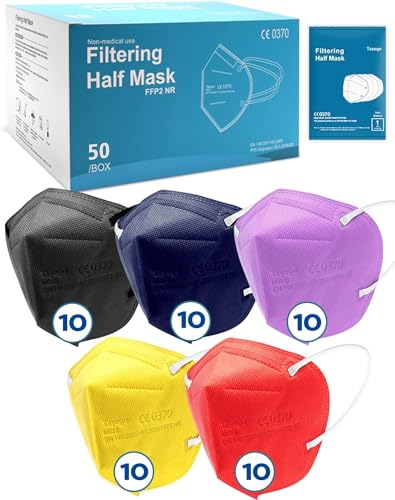 50 Masques FFP2 Certifiés CE approvisionnement contrôlé, élastiques confortables, hypoallergéniques et réglables Haute Densité de 5 Couches contre la Poussière Emballage individuel (Multicolore 2)