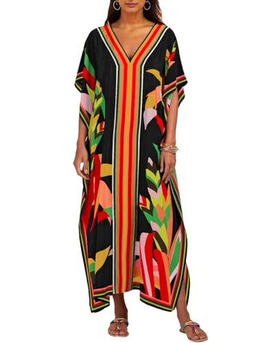 Bsubseach Kaftan pour Femme Long Maillot De Bain Coverup Plus Size Robe Caftan Bikini Beach Cover Up Resort Wear Noir