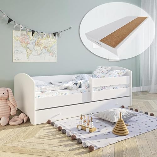 Lit pour Enfant 160 x 80 cm avec Matelas et tiroir, Protection Anti-Chute et sommier à Lattes en Blanc pour garçons et Filles