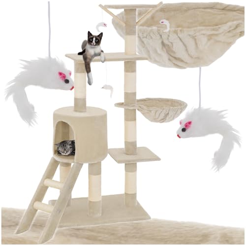 tectake® Arbre à Chat Griffoir pour Chat 144cm, Maison Chat Interieur Jeux Chat Appartement avec Grattoir Rampe pour Chat Couchage Chat Hamac Chat Echelle Chat Lit pour Chat, Souris de Jeu