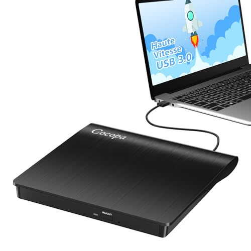 Cocopa Lecteur CD/DVD Externe pour PC, USB 3.0 Graveur Enregistreur Portable RW/ROM Mince Transmission Rapide Câble USB Intégrée Windows/Mac OS Apple/iMac/Macbook/Laptop/Desktops/PC Noi