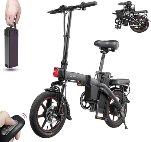 DYU Vélo Électrique Pliable,14" Smart Urban E-Bike,Vélo Électrique avec Pédalage Assisté,Clé sans Fil,Batterie Amovible,Écran LCD Intelligent,Frein à Double Disque - Noir