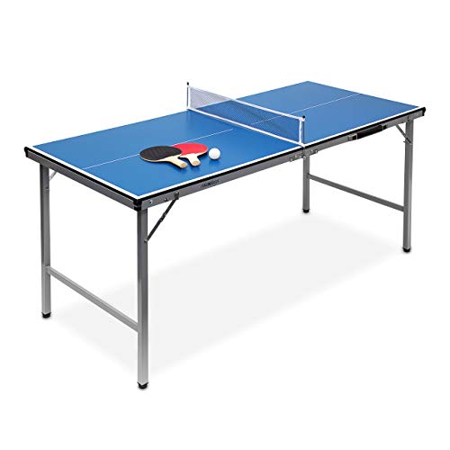Relaxdays Table de ping-pong midi de table, table pliante pour intérieur et extérieur, balle et palettes incluses, 150 x 67 x 71 cm 10019102 Bleu/Argenté/Noir