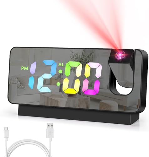 Reveil Projecteur Plafond, Rotation à 180° Reveil Numerique, 7.8inch Miroir Réveils USB avec température, Rechargeable Affichage du Calendrier de la Date, Horloge de Table pour Le Bureau de la Chambre