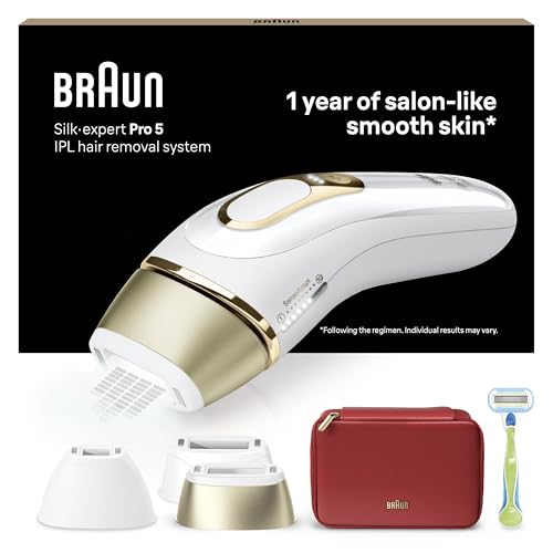 Braun Silk·expert Pro 5 Épilateur À Lumière Pulsée, Épilation Semi-Définitive, Alternative Au Laser Pour 1 An De Peau Douce, Avec Pochette, Rasoir Venus, 3 Têtes, Cadeau Pour Femme, Or/Blanc, PL5262