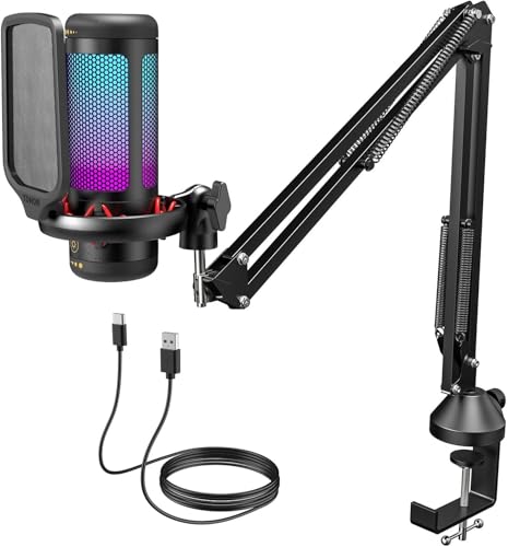 TONOR Micro PC Gaming RGB, USB Microphone Condensateur Professionnel Mic avec Support de Bras pour Streaming, Enregistrement, Youtube Discord Gaming, Voix-Off pour Ordinateur Laptop Mac TC310+