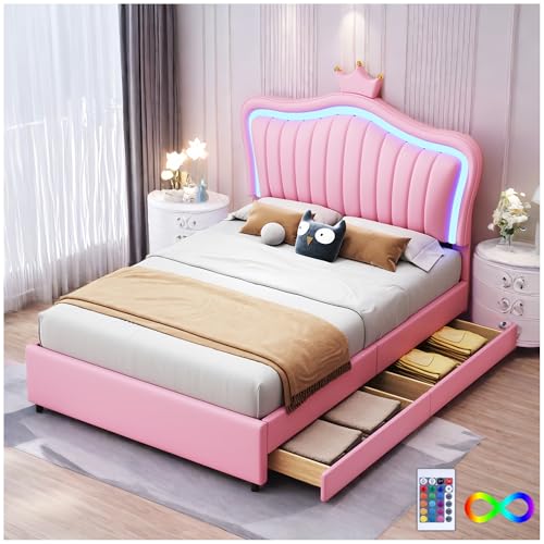 Sapgaks Lit Enfant avec 2 tiroirs de Rangement et Lampes LED,Lit rembourré 90 x 200 cm, Cadre de lit Simple Blanc pour Fille en Cuir PU, sommier à Lattes et Dossier,Rose (Matelas Non Inclus)