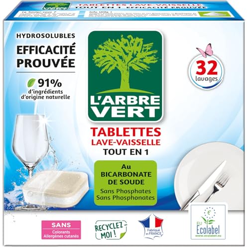 L'Arbre Vert Tablettes Lave Vaisselle Tout En 1 - Ecolabel - 91% d'ingrédients d'origine naturelle - 32 Doses