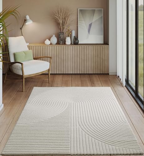 the carpet Everest - Tapis Salon Moderne à Poils Courts avec Effet Haut-Bas, Effet 3D, Haute densité de Poils et agréablement Doux, Design Panglao, crème, 80 x 150 cm