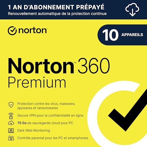 Norton 360 Premium 2024 |10 Appareils | 1 An d'Abonnement | Secure VPN - Password Manager - Dark web monitoring| PC/Mac/iOS/Android - Téléchargement